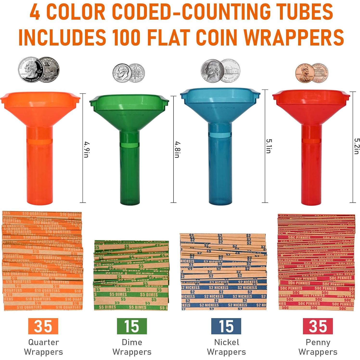 Conjunto 4 Tubos Contadores de Monedas ESSENTIAL con 100 Envolturas