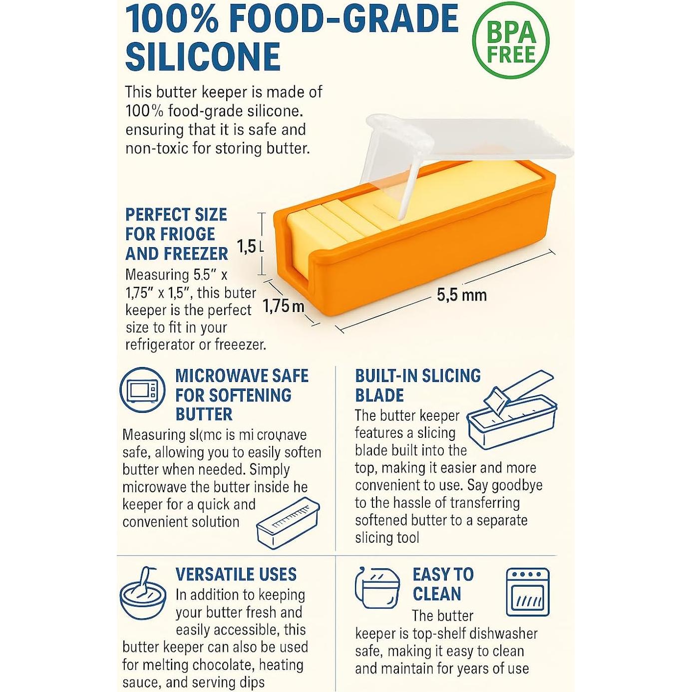 Conservador de Mantequilla de Silicona Naranja con Cuchilla 14x4.4cm