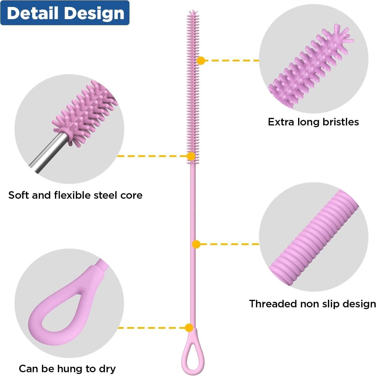 Cepillo Limpiador de Pajitas YOTIME 2 Piezas Silicona Rosa