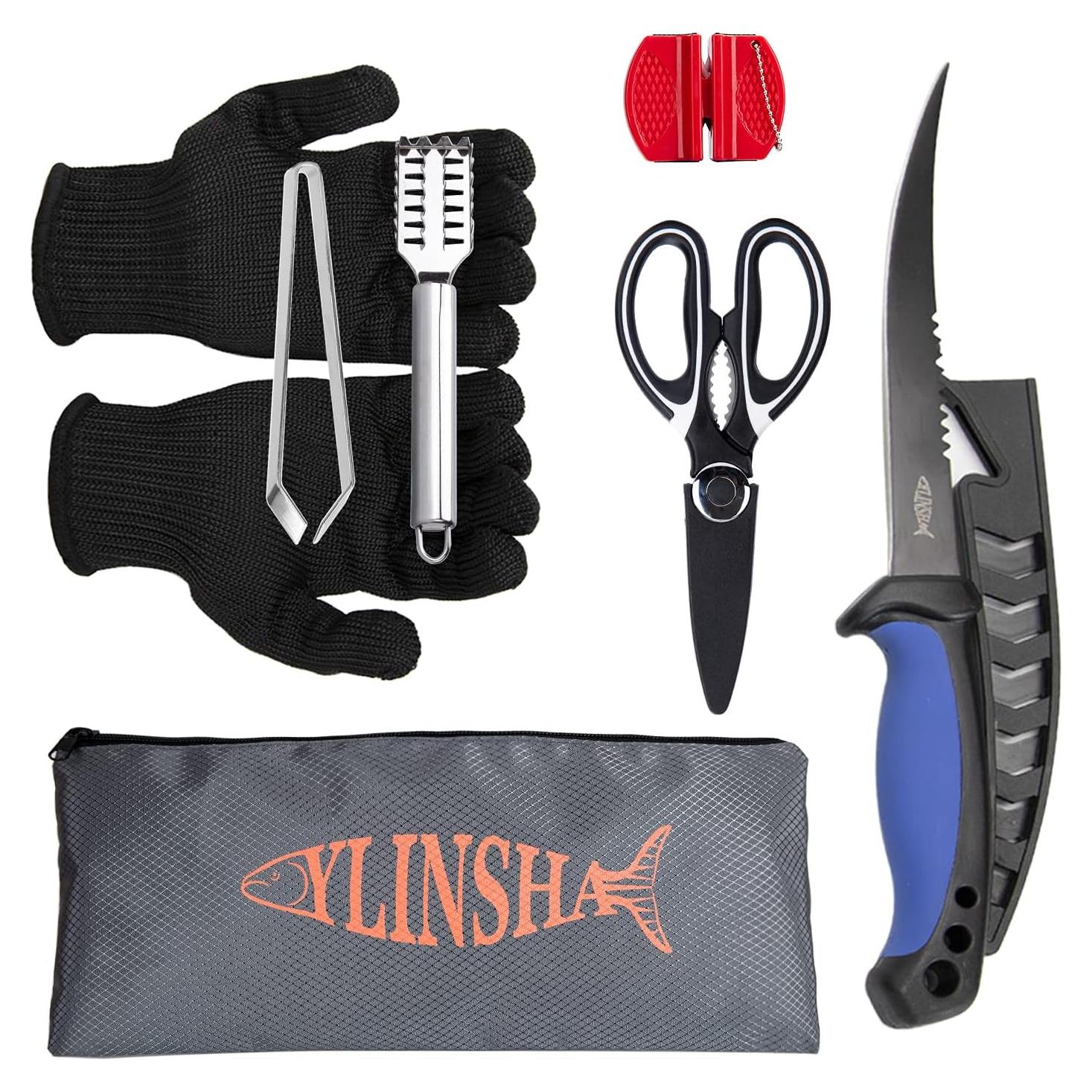 Kit de Cuchillos de Pesca YLINSHA 7 Piezas con Guantes y Cepillo