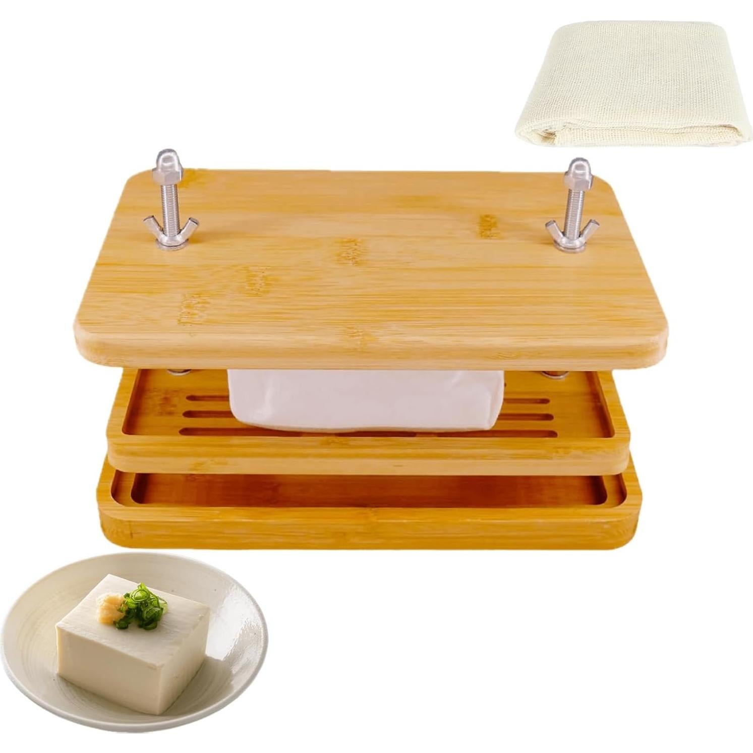 Prensa de Tofu de Bambú Glowgath Grande con Colador y Bandeja
