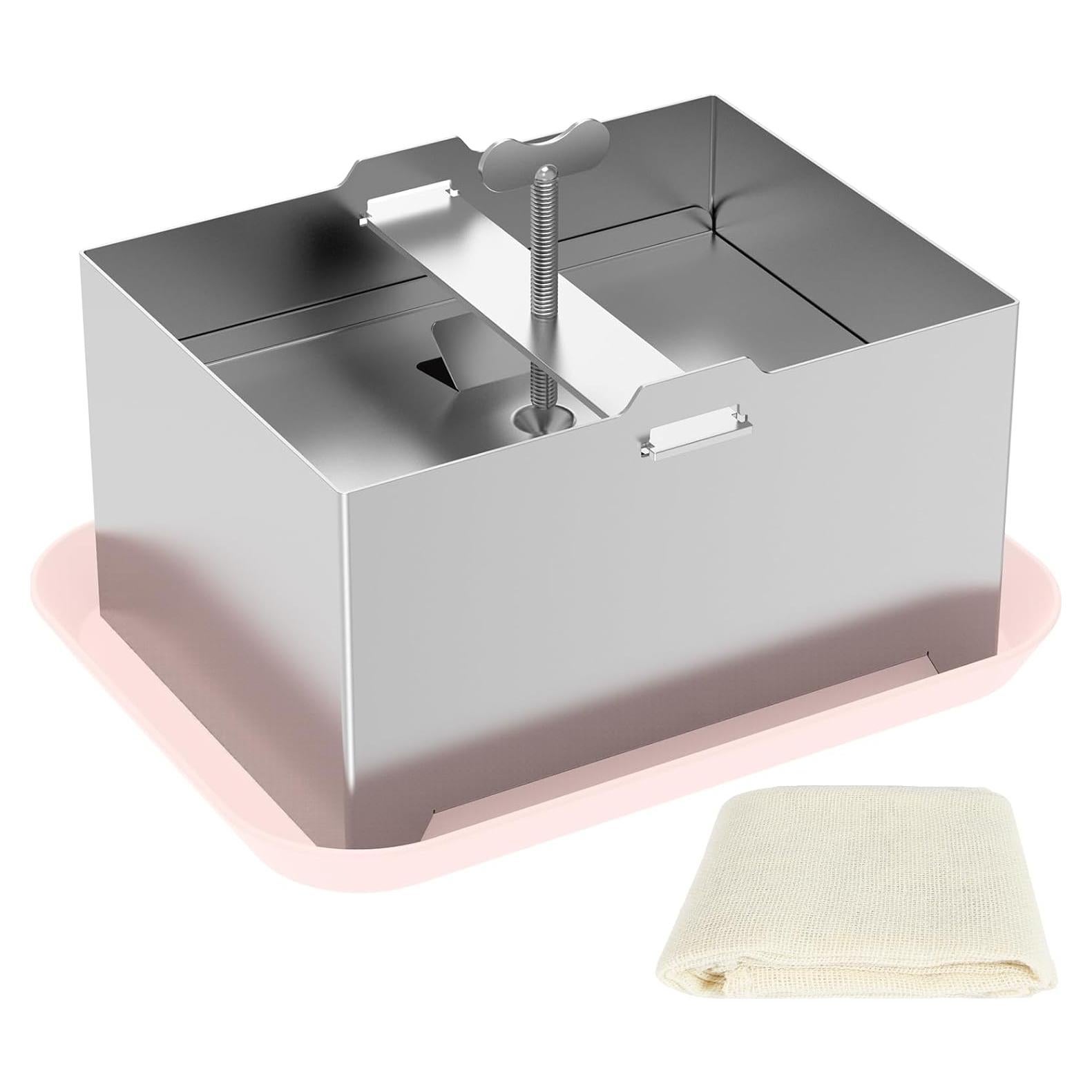 Prensa de Tofu Acero Inoxidable OKYMOTOR 1kg con Bandeja y Tela