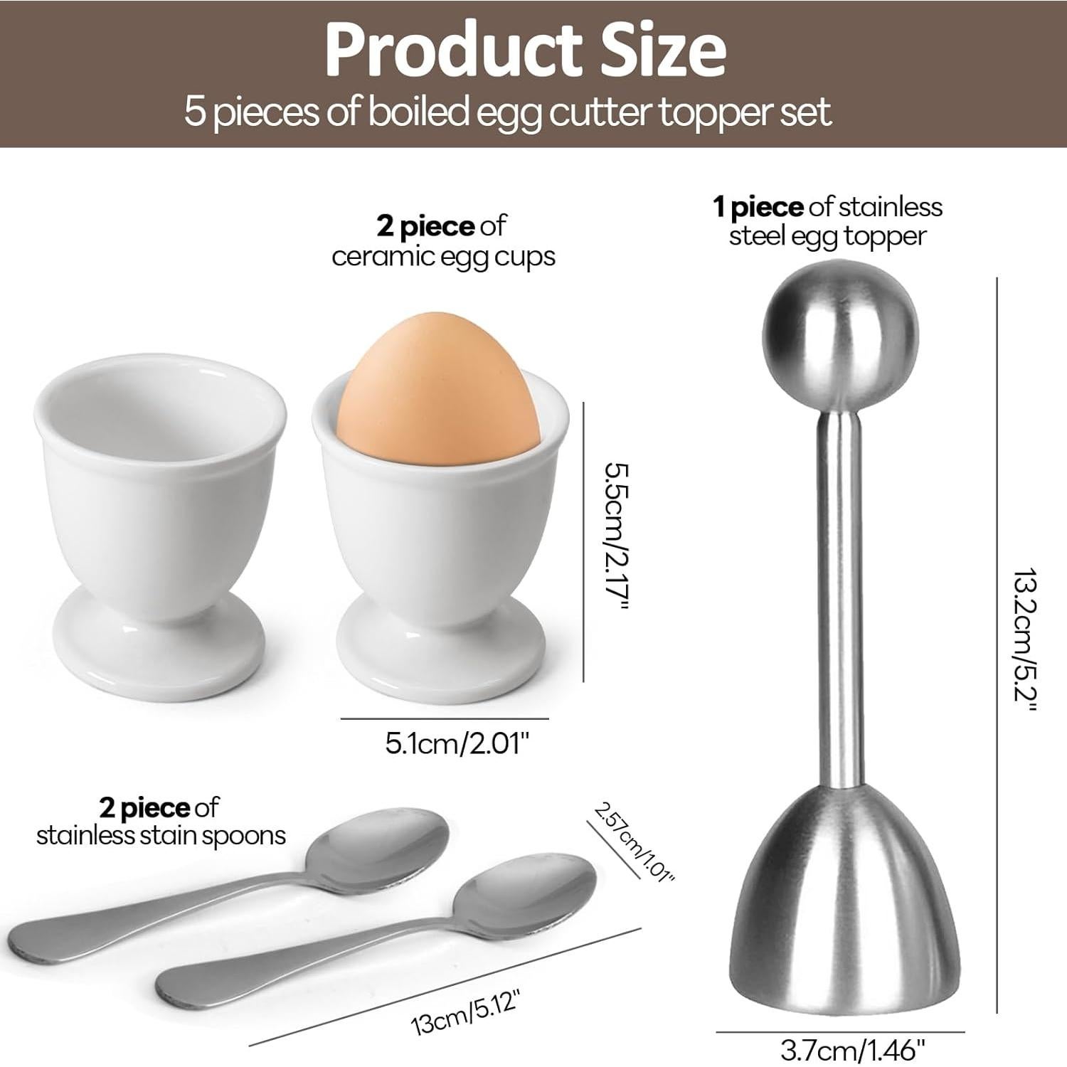 Juego de Tazas y Cortador de Huevos Vibedor - 1 Cortador, 2 Cucharas, 2 Soportes