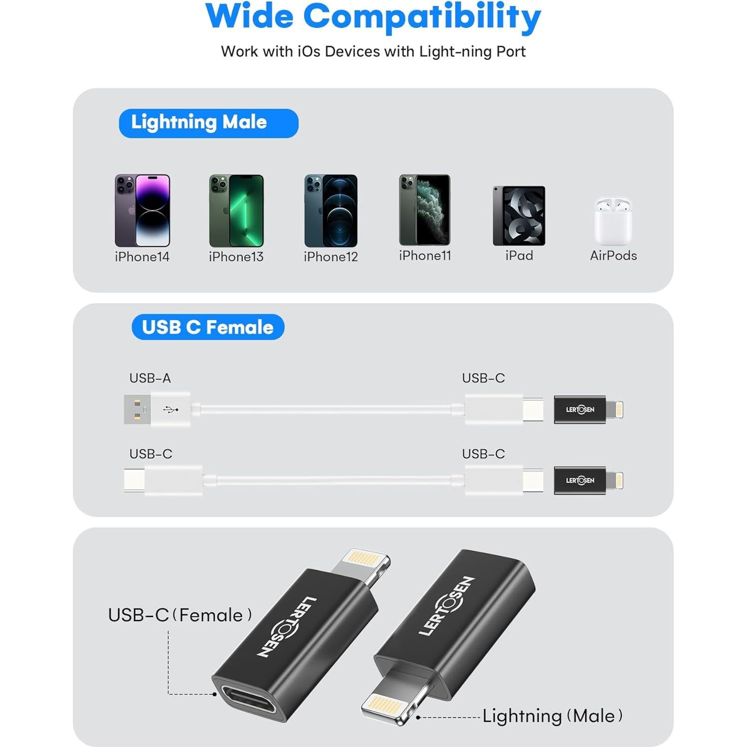 Adaptador USB-C a Lightning Lertosen 27W - Paquete de 4