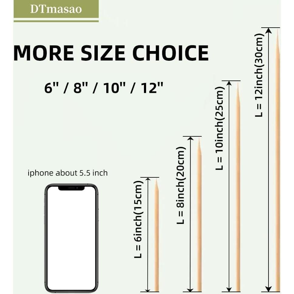 200 Brochetas de Bambú 30.48 cm DTmasao para BBQ y Aperitivos
