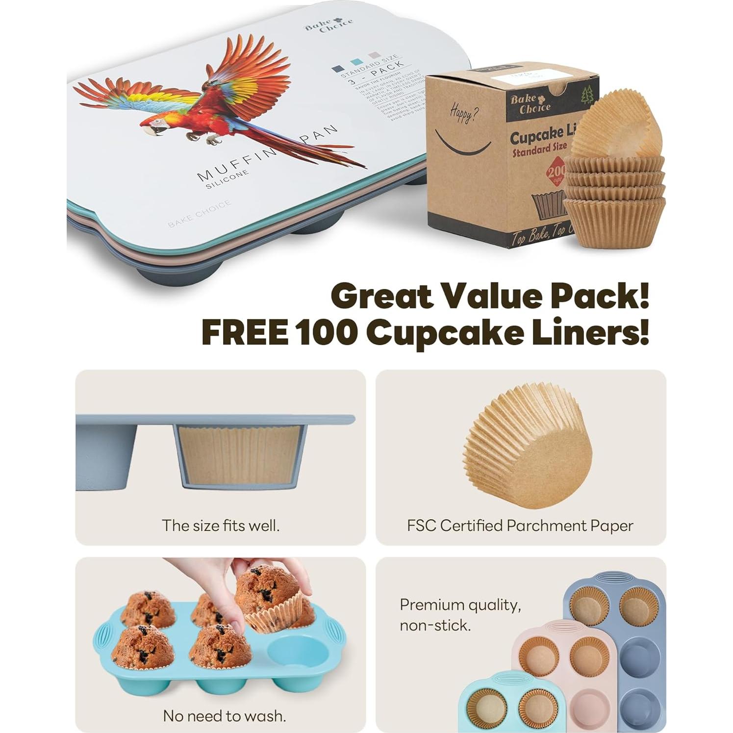 Molde de Muffin de Silicona Bake Choice - 3 Piezas + 100 Forros