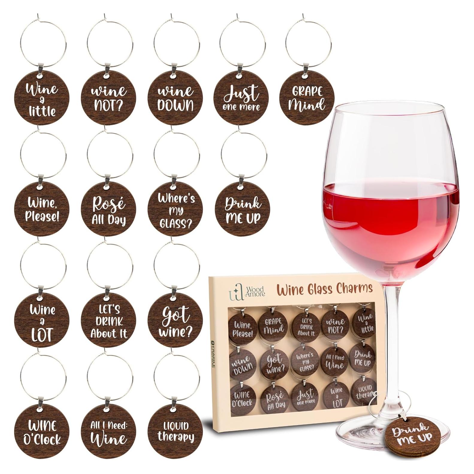 Encantos para Copas de Vino - 15 Piezas de Madera Divertidos