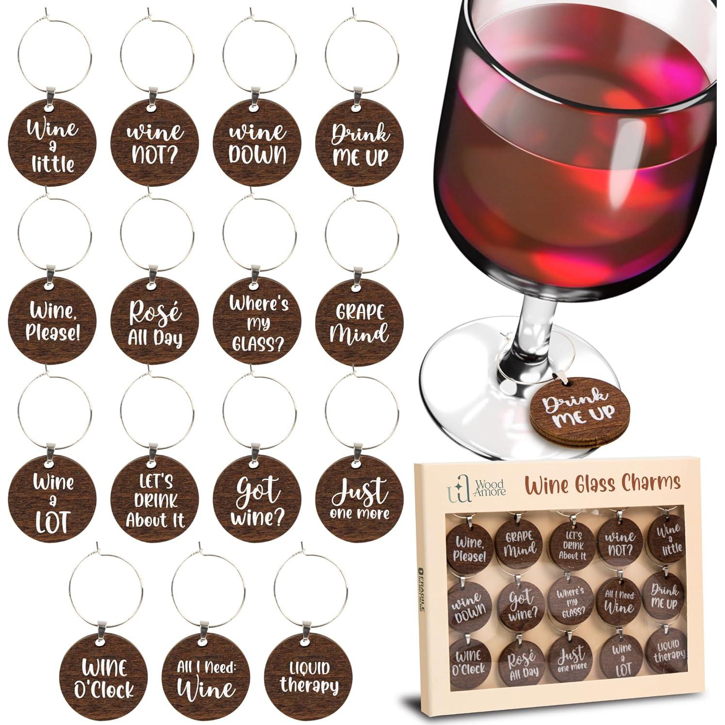 Encantos para Copas de Vino - 15 Piezas de Madera Divertidos