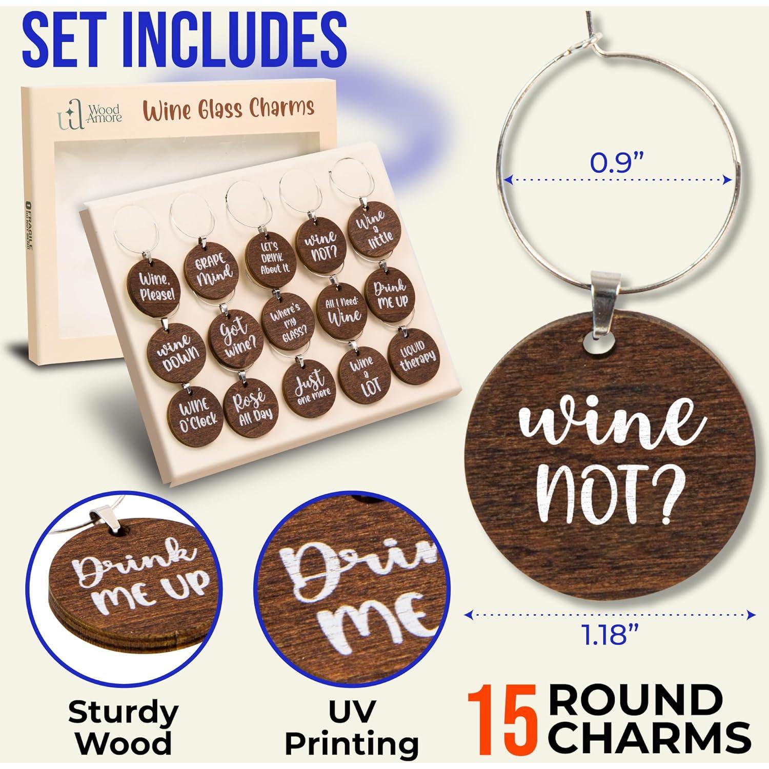 Encantos para Copas de Vino - 15 Piezas de Madera Divertidos