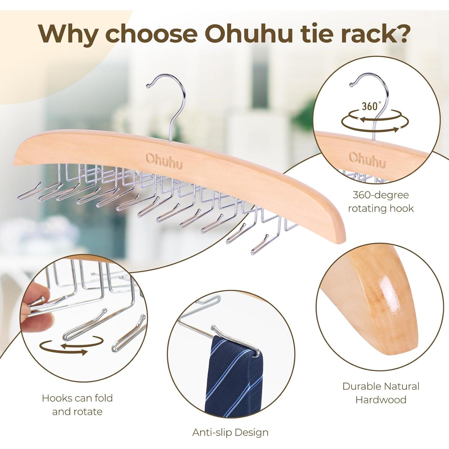 Perchero para Corbatas Ohuhu 24 Ganchos Madera Clara 360°