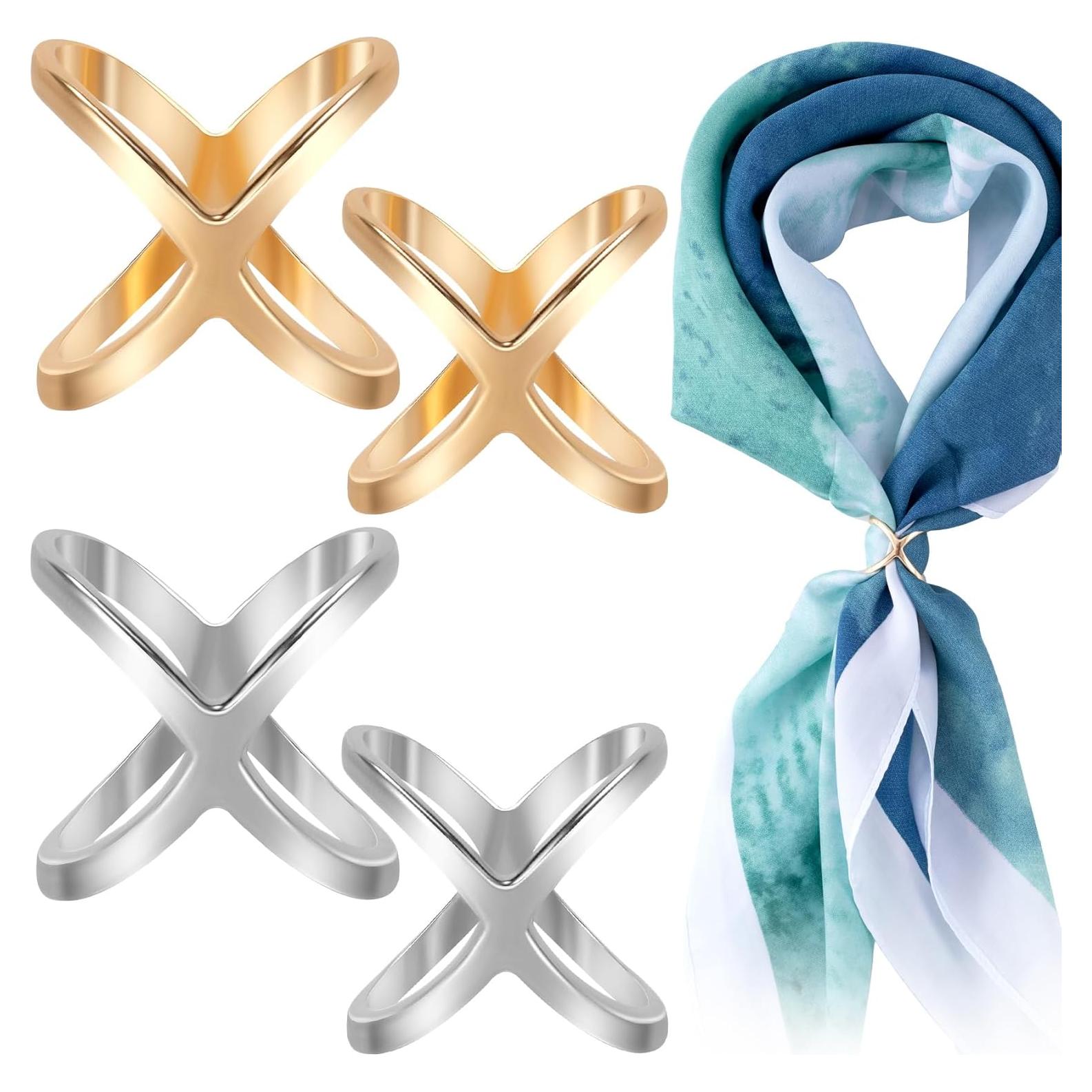 Clip de Anillo de Bufanda Joez 4 Pcs Oro Plata Diseño X