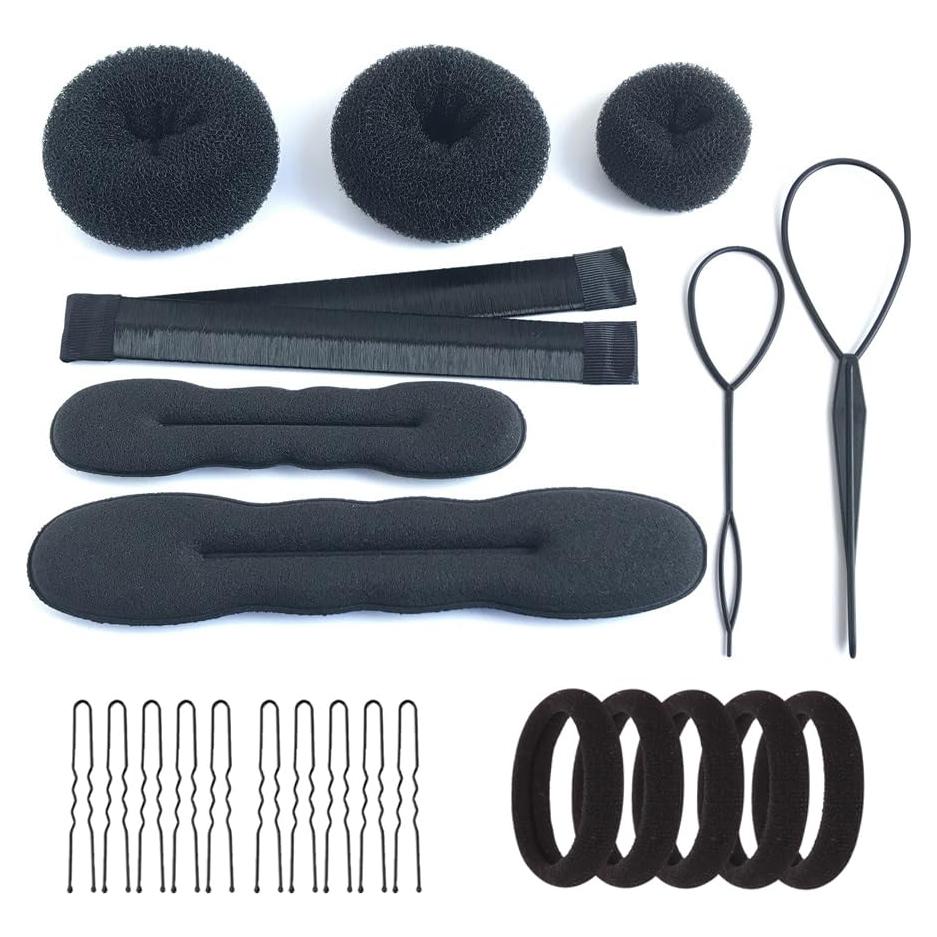 Kit de Accesorios para Cabello iFlyMars - 3 Hacedores Donut, 10 Elásticos, 20 Pasadores