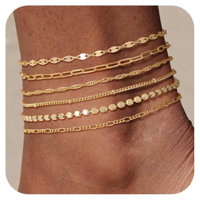 Pulseras de Tobillo Impermeables Tewiky Oro 14K 6PCS