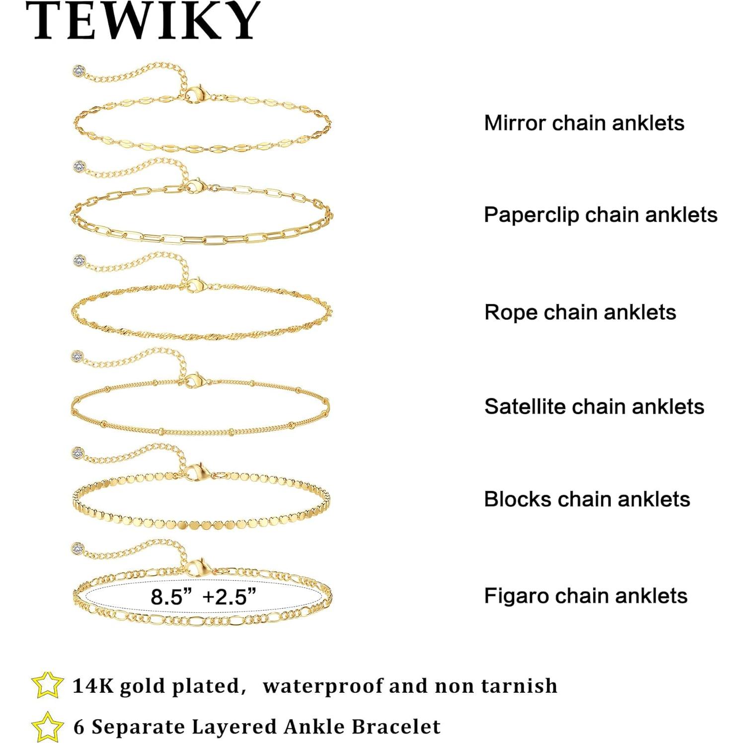 Pulseras de Tobillo Impermeables Tewiky Oro 14K 6PCS