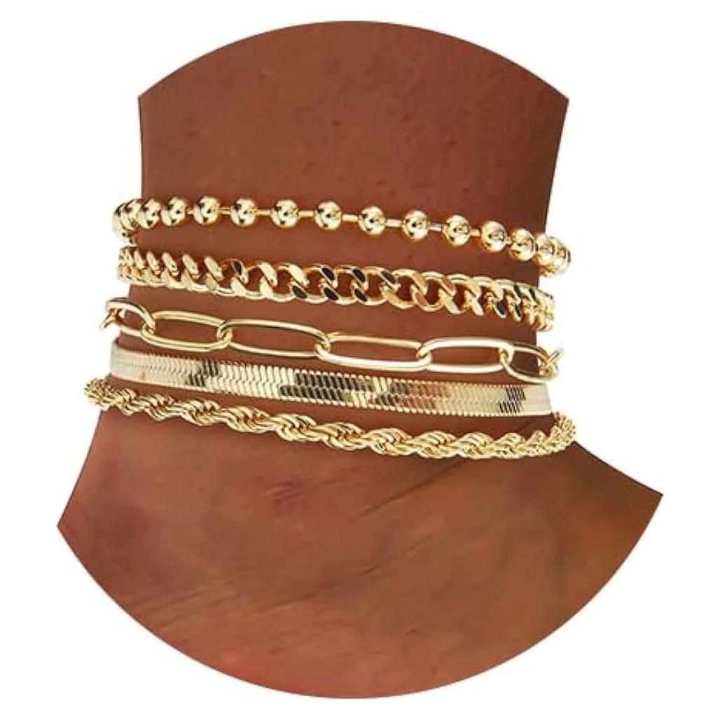 Tobilleras de Oro 14K para Tobillos Grandes - 5 Piezas Ajustables