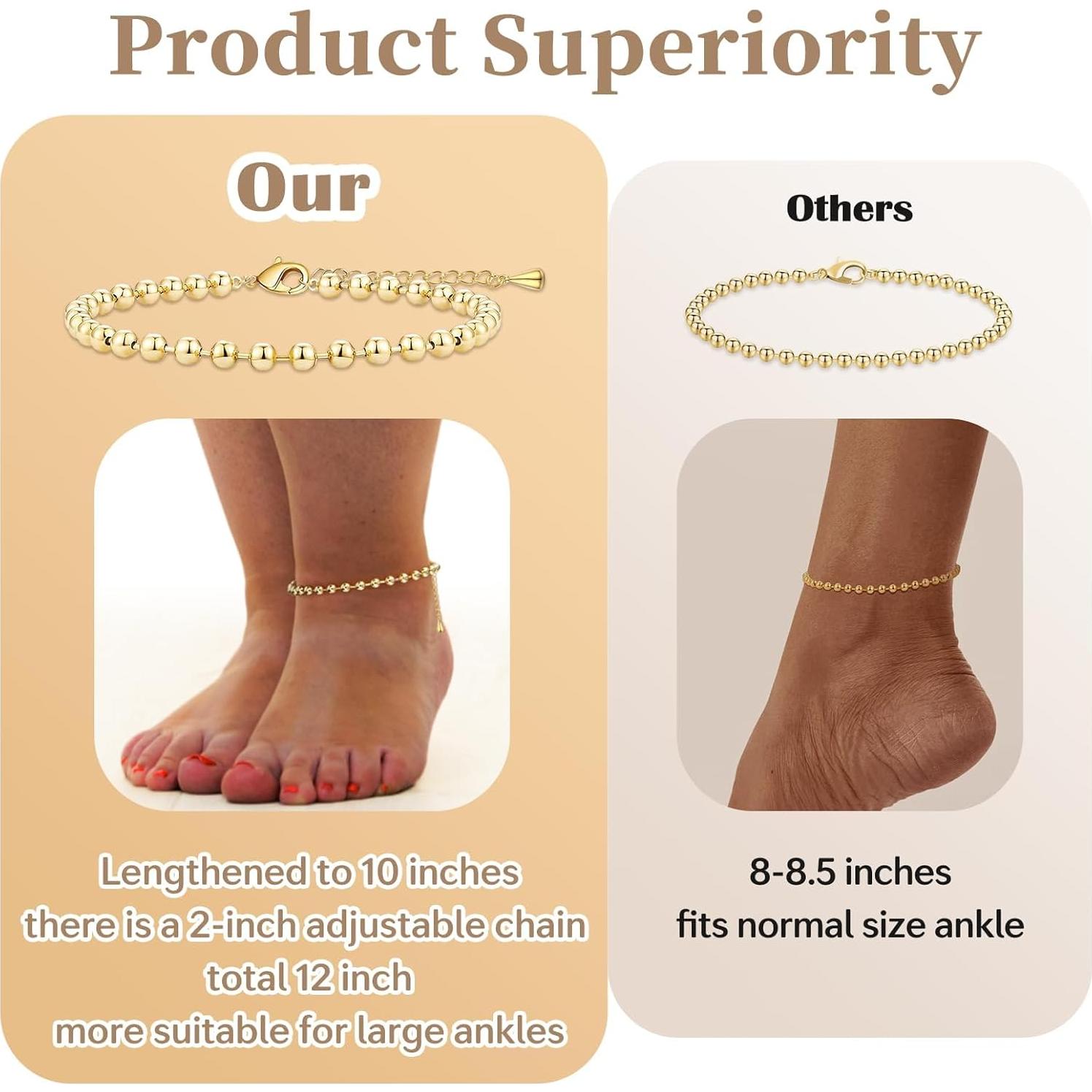 Tobilleras de Oro 14K para Tobillos Grandes - 5 Piezas Ajustables