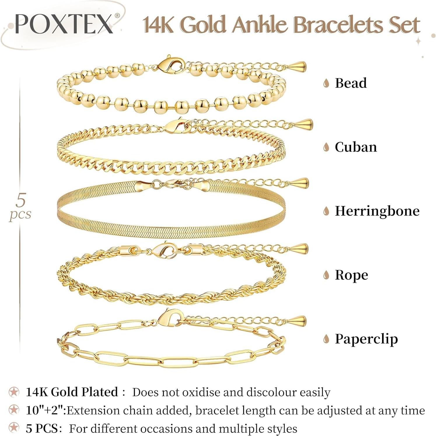 Tobilleras de Oro 14K para Tobillos Grandes - 5 Piezas Ajustables