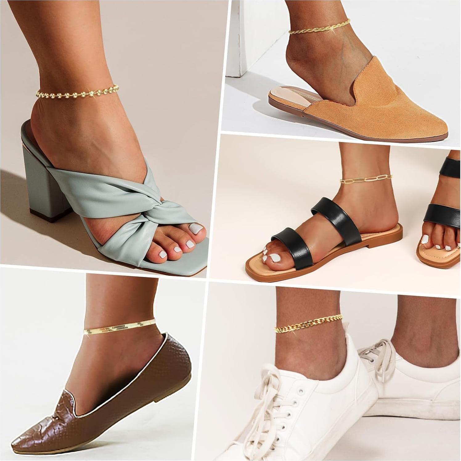 Tobilleras de Oro 14K para Tobillos Grandes - 5 Piezas Ajustables