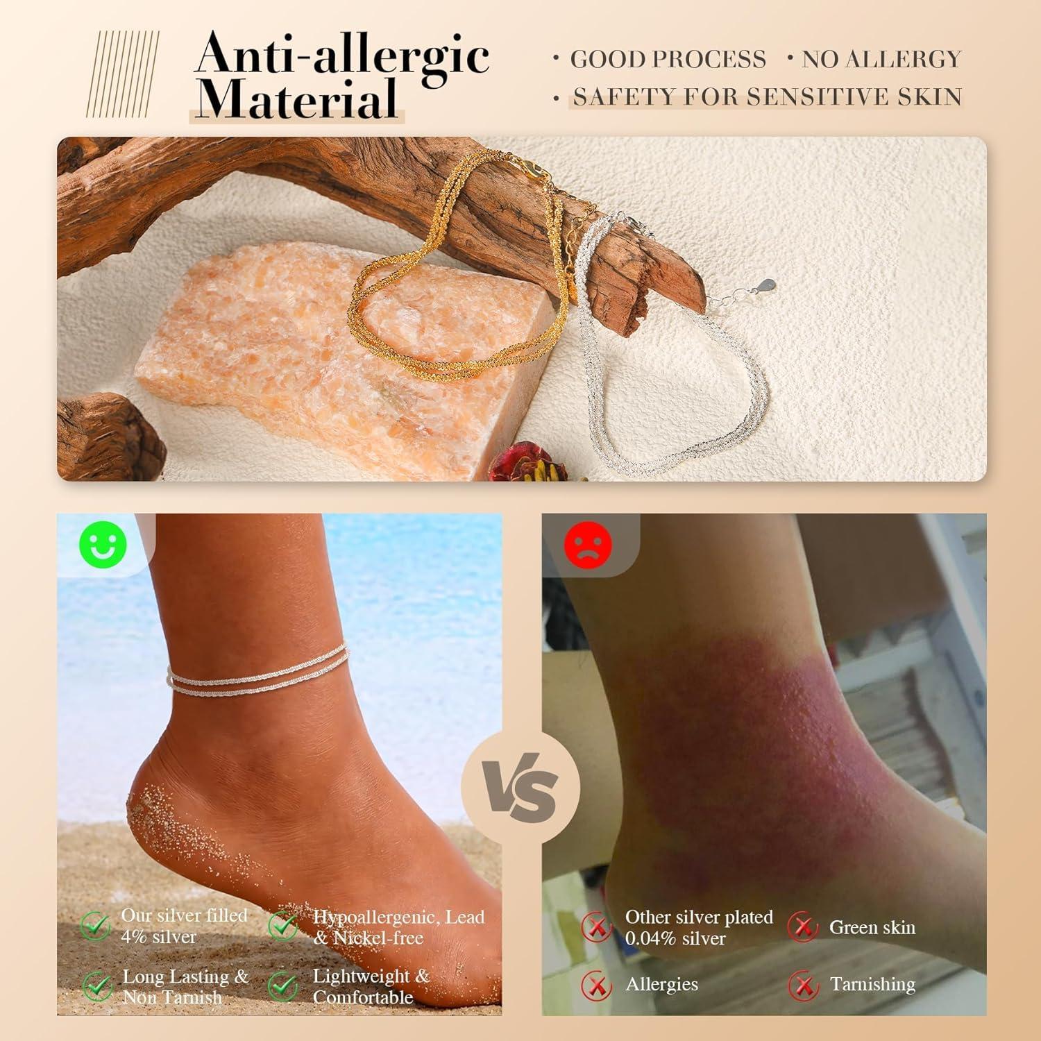 Conjunto de Pulseras de Tobillo Plata S925 para Mujeres 2 Piezas