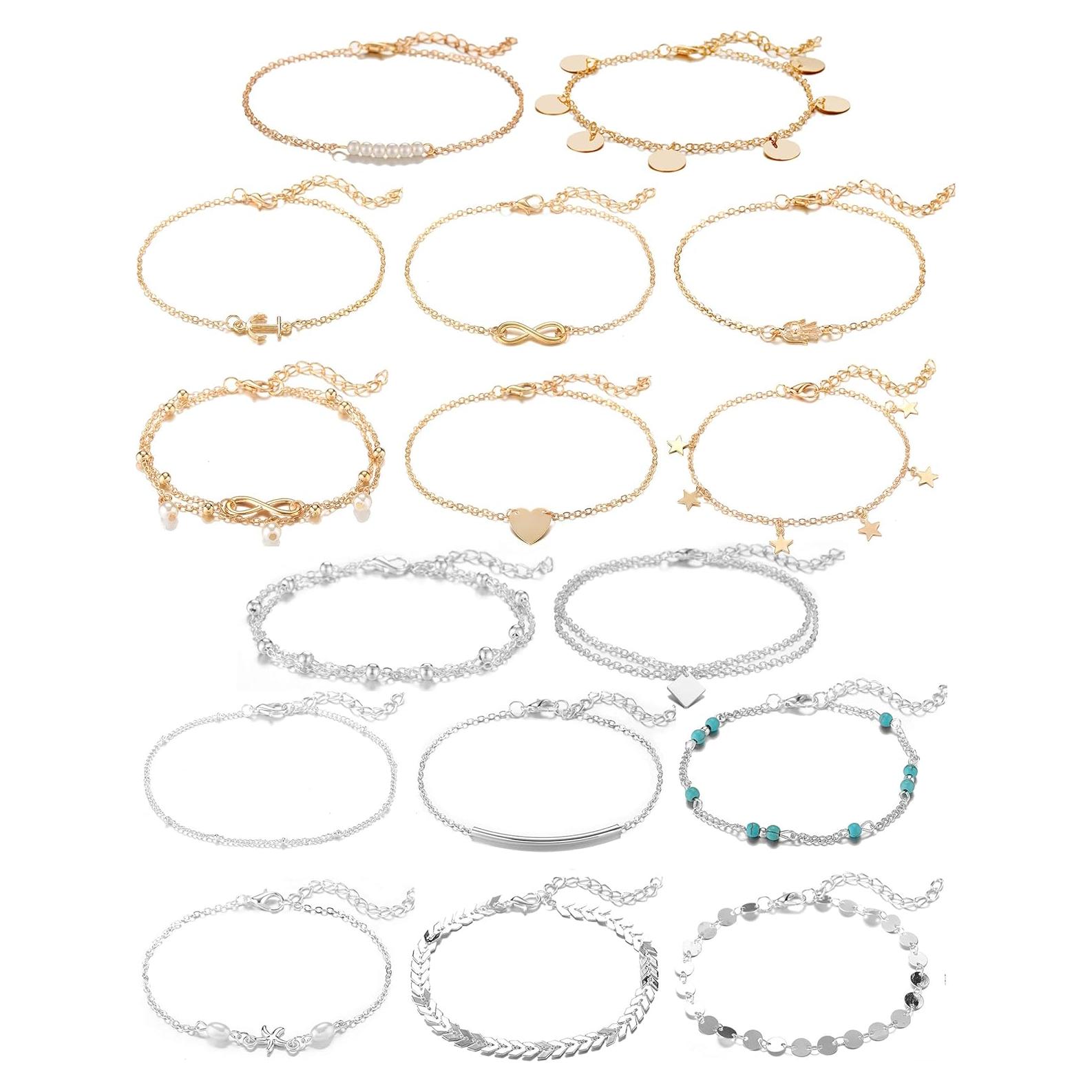 Conjunto 16 Pulseras de Tobillo Softones Oro Plata Ajustables