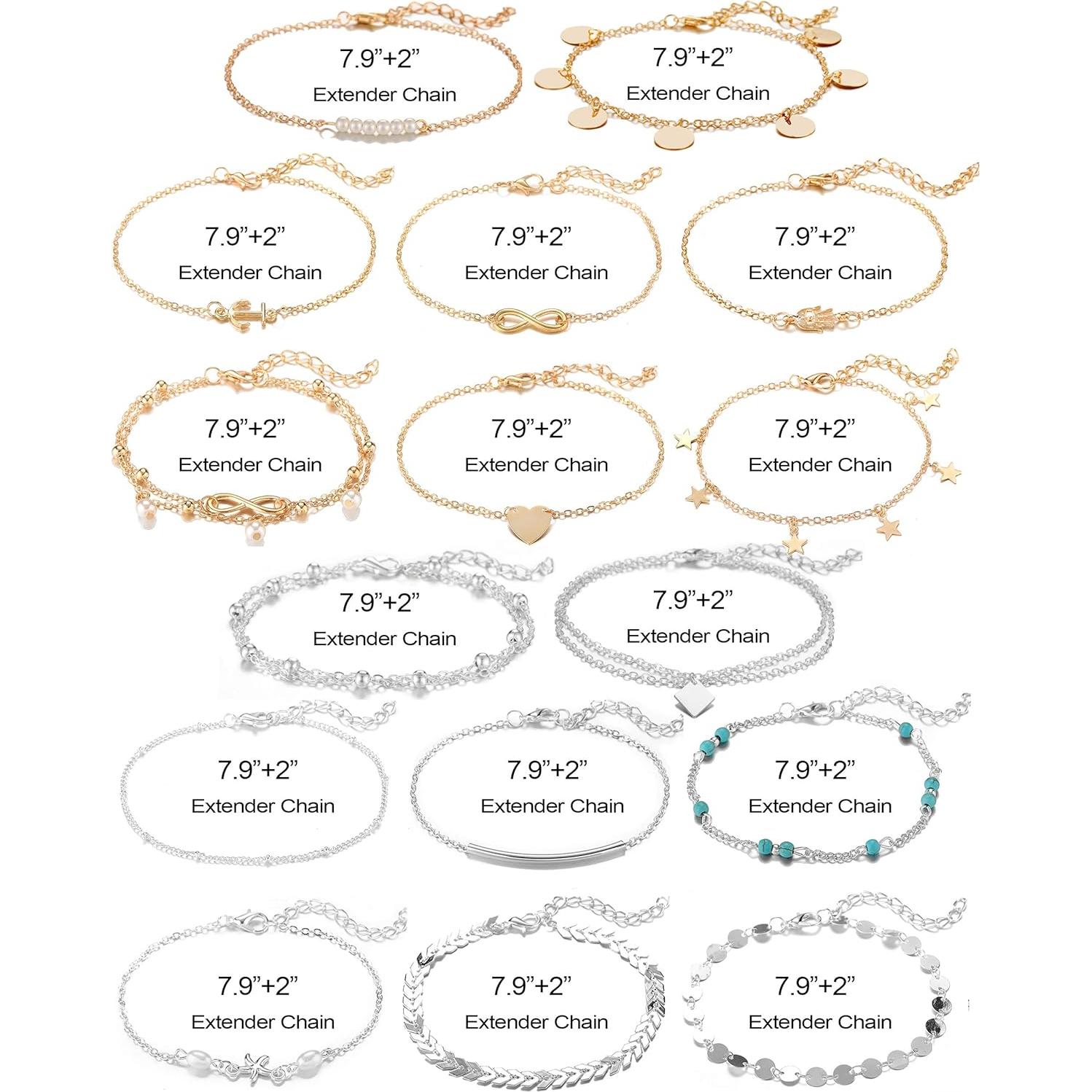 Conjunto 16 Pulseras de Tobillo Softones Oro Plata Ajustables