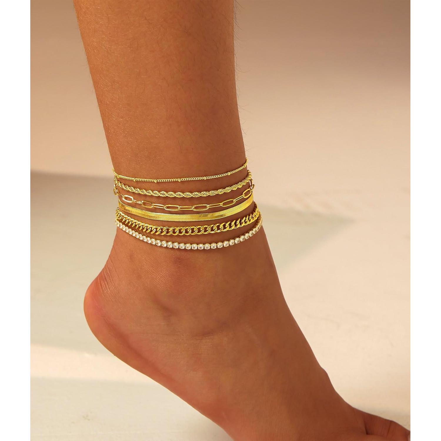 Conjunto de 6 Pulseras de Tobillo Doradas DEARMAY 14K