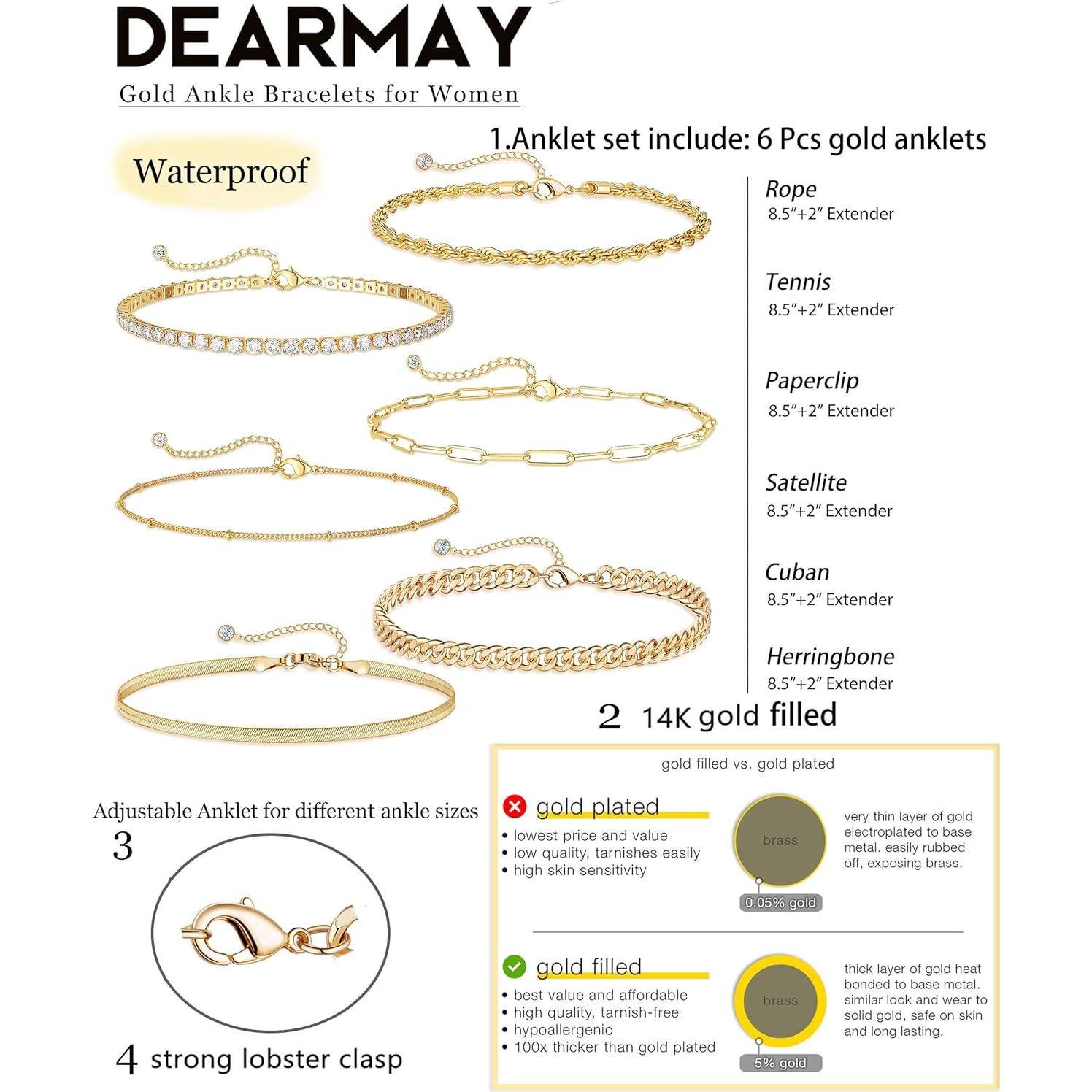 Conjunto de 6 Pulseras de Tobillo Doradas DEARMAY 14K