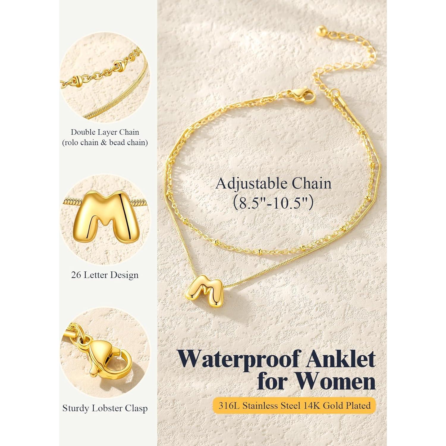 Pulsera de Tobillo de Oro 14K U7 con Iniciales para Mujeres