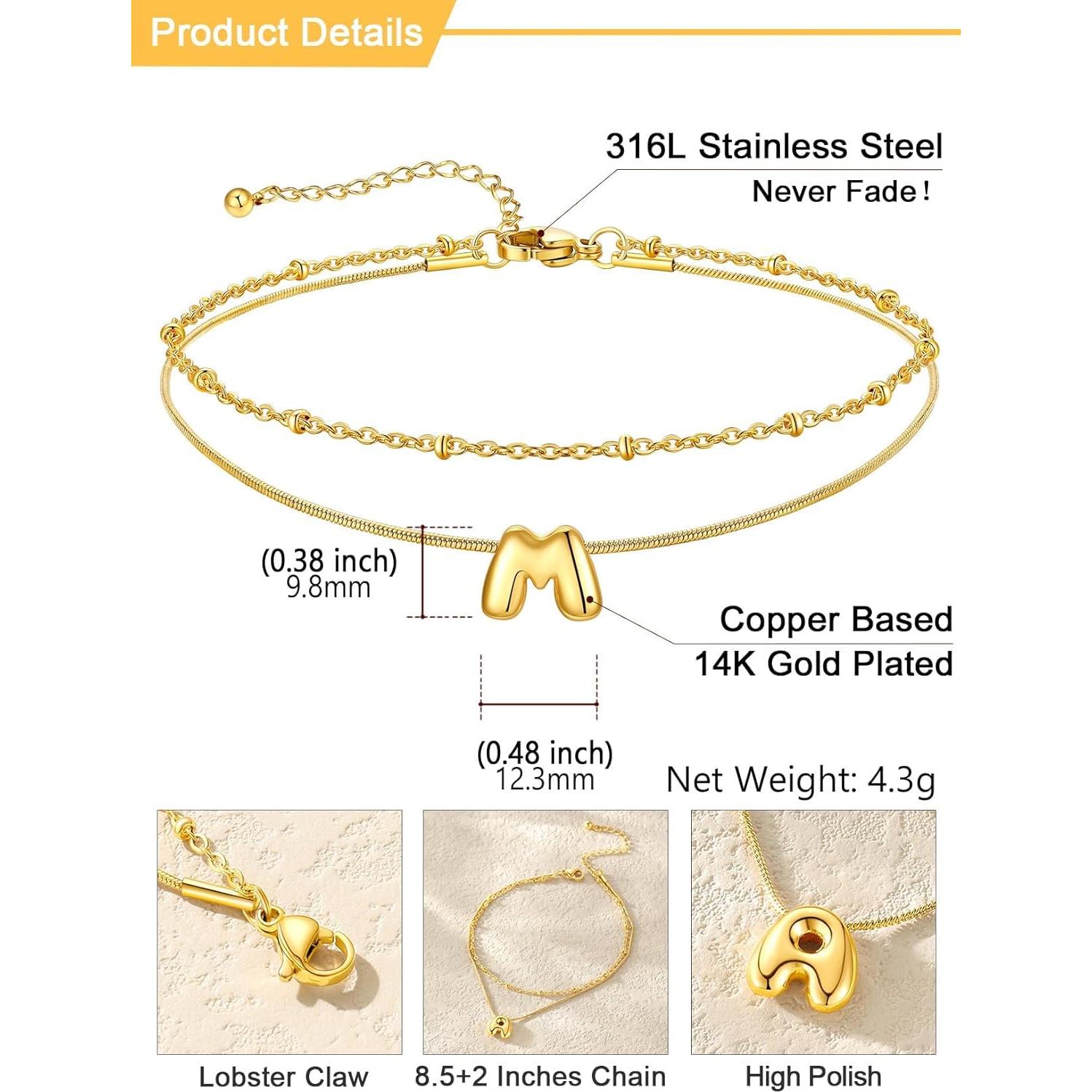 Pulsera de Tobillo de Oro 14K U7 con Iniciales para Mujeres