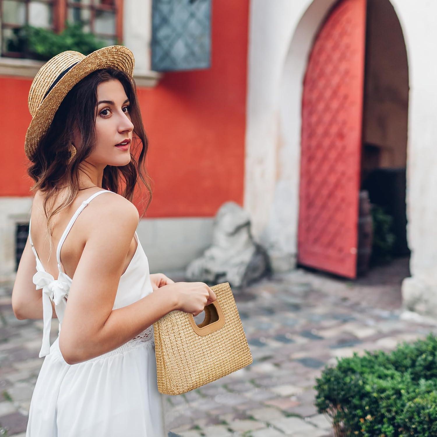 Bolso de Mano de Paja Caqui para Mujeres con Asa Superior