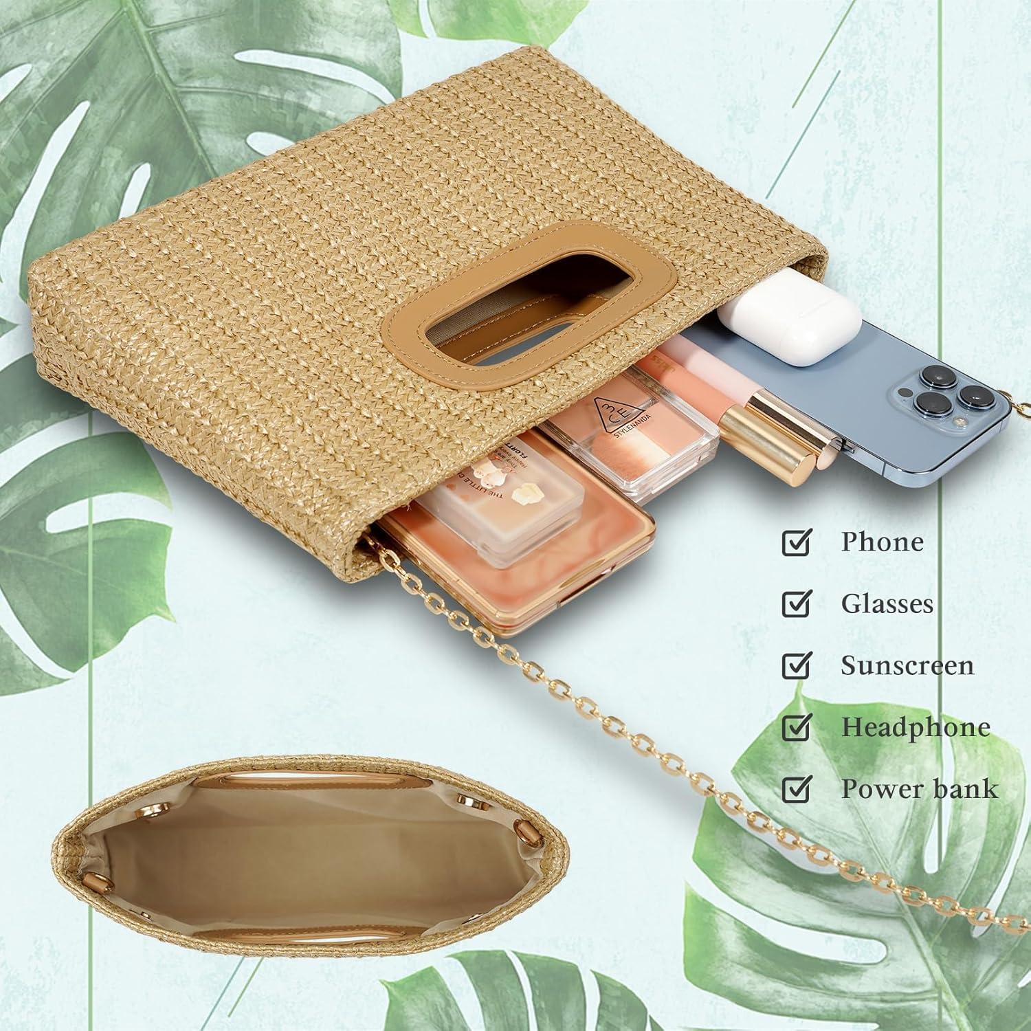 Bolso de Mano de Paja Caqui para Mujeres con Asa Superior