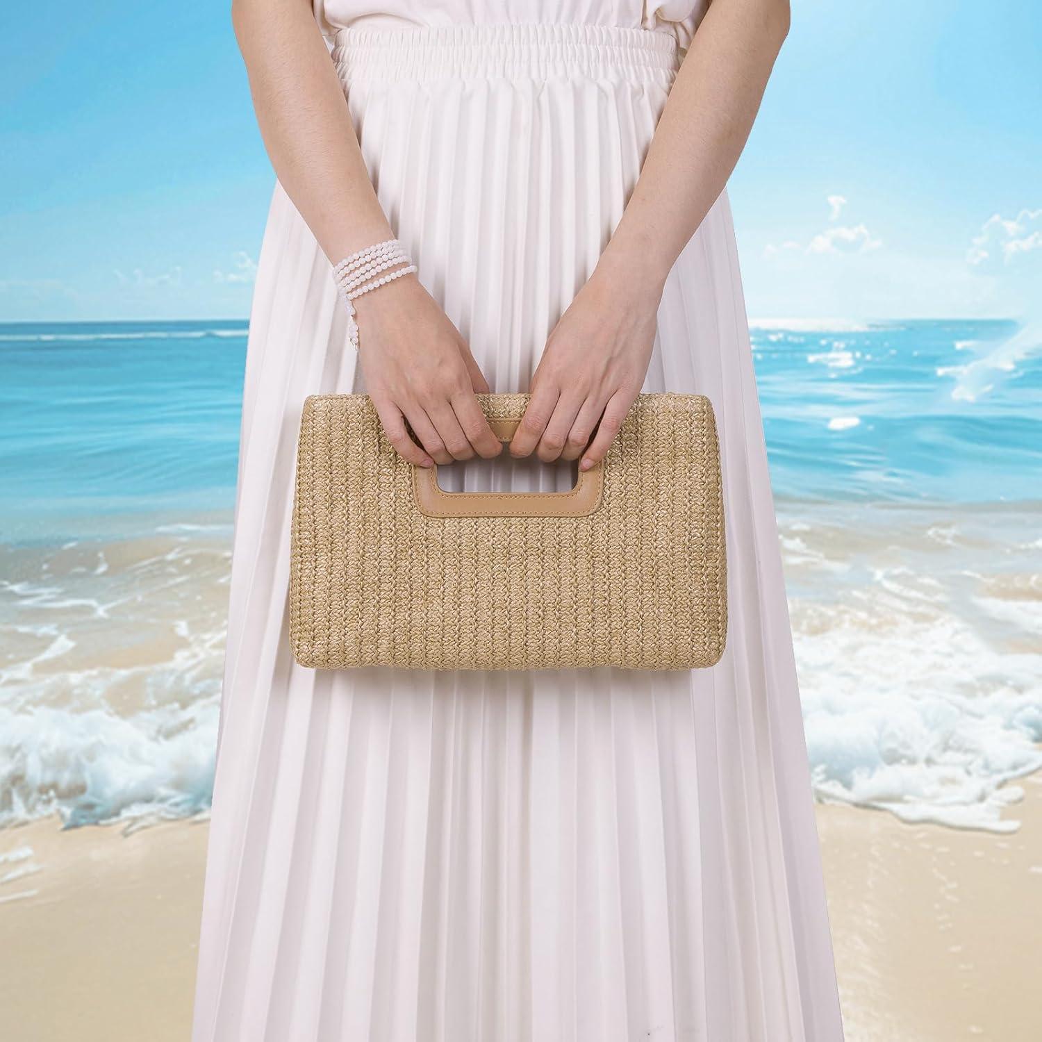 Bolso de Mano de Paja Caqui para Mujeres con Asa Superior