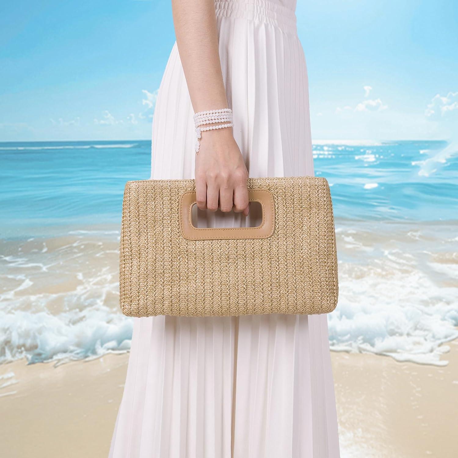 Bolso de Mano de Paja Caqui para Mujeres con Asa Superior