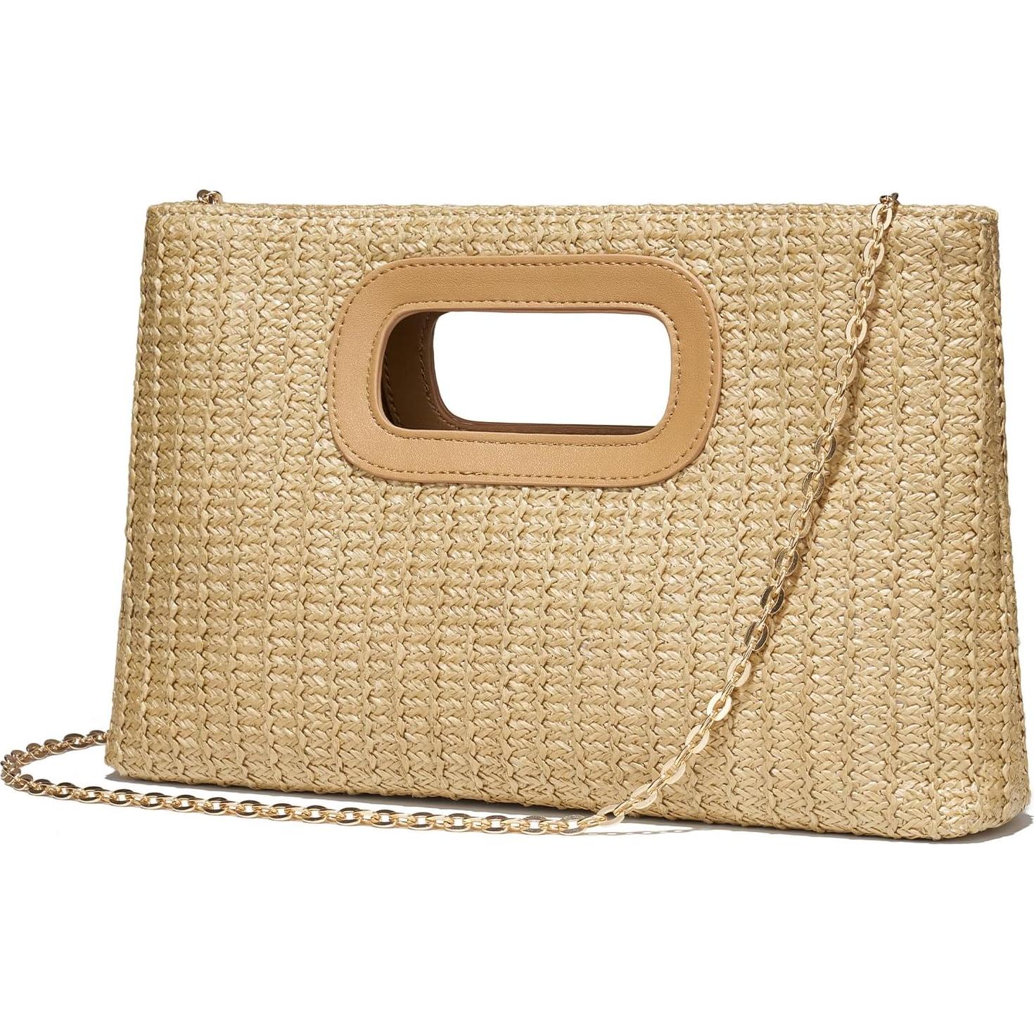 Bolso de paja elegante para mujer caqui 30x17cm ideal playa
