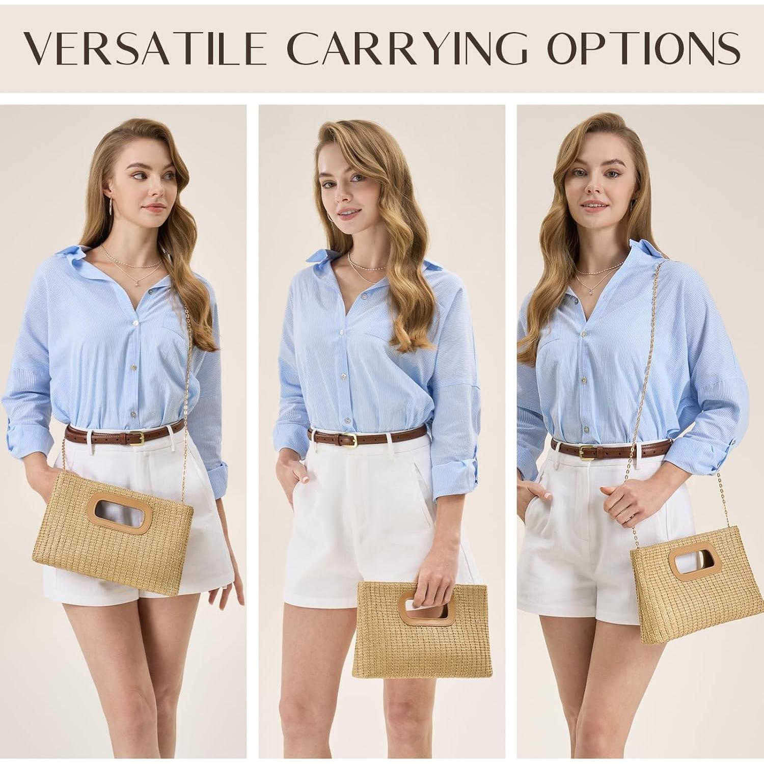 Bolso de paja elegante para mujer caqui 30x17cm ideal playa