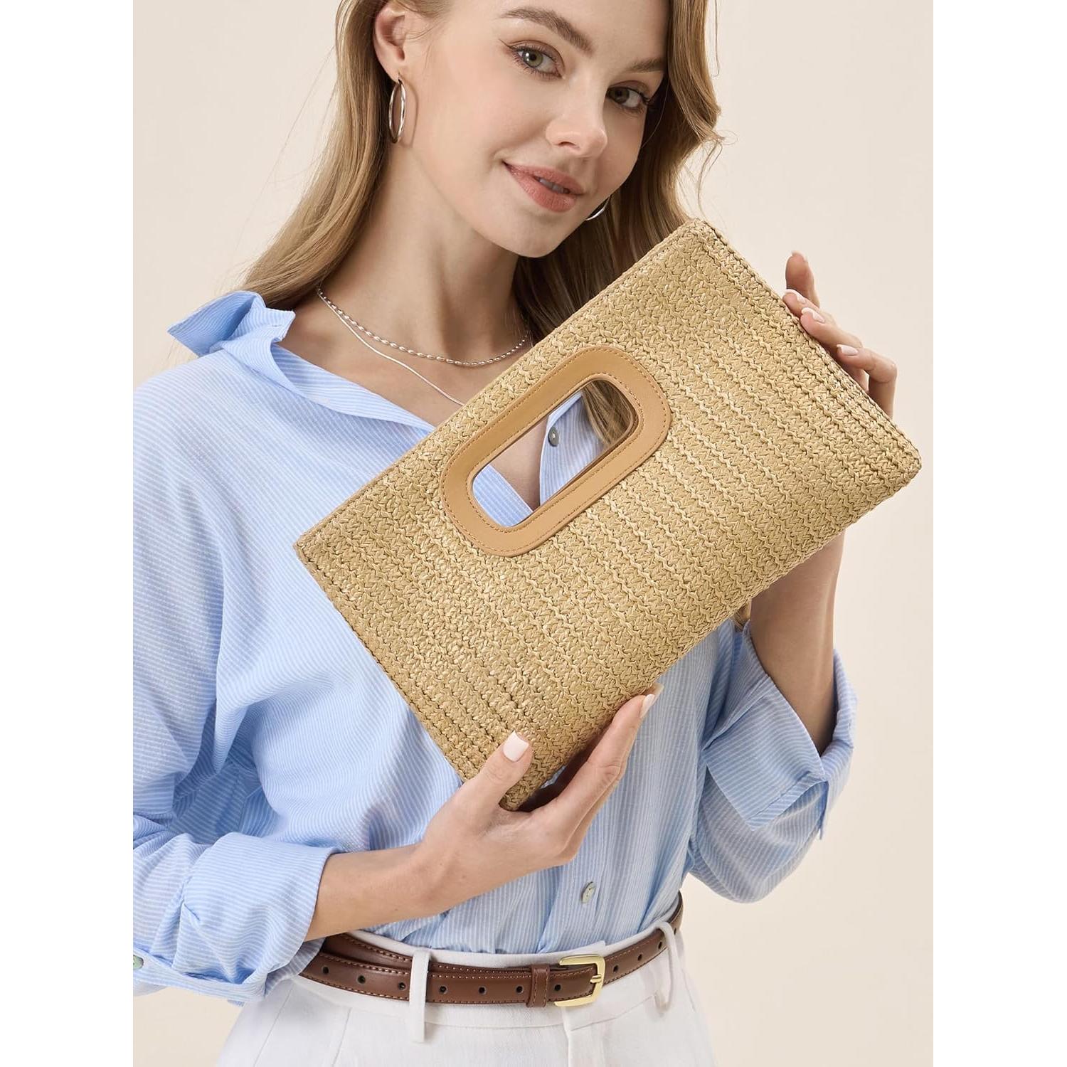 Bolso de paja elegante para mujer caqui 30x17cm ideal playa