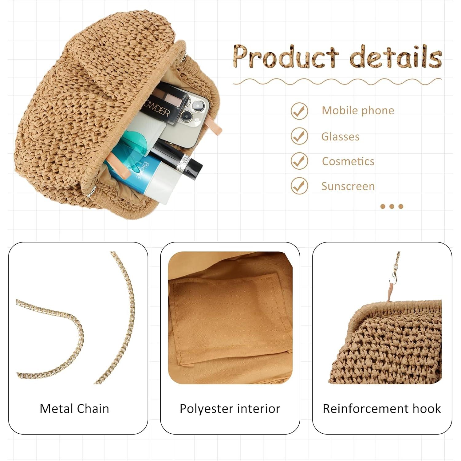 Bolso de paja Emprier para mujeres, tipo dumpling caqui