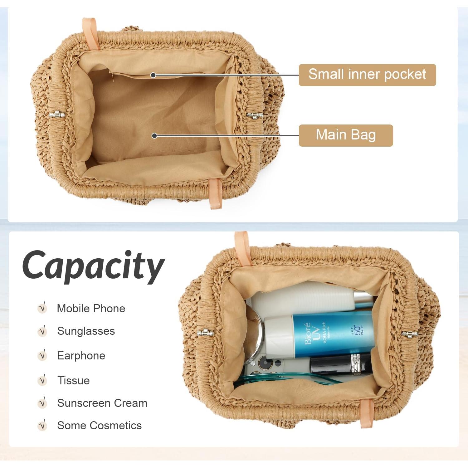 Bolso de mano de paja Freie Liebe caqui 27x20cm