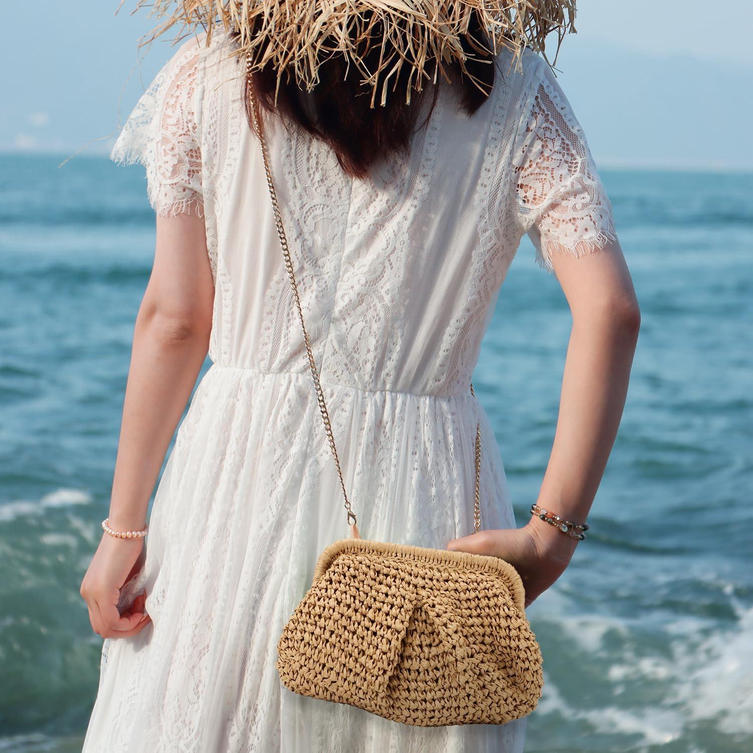 Bolso de mano de paja Freie Liebe caqui 27x20cm