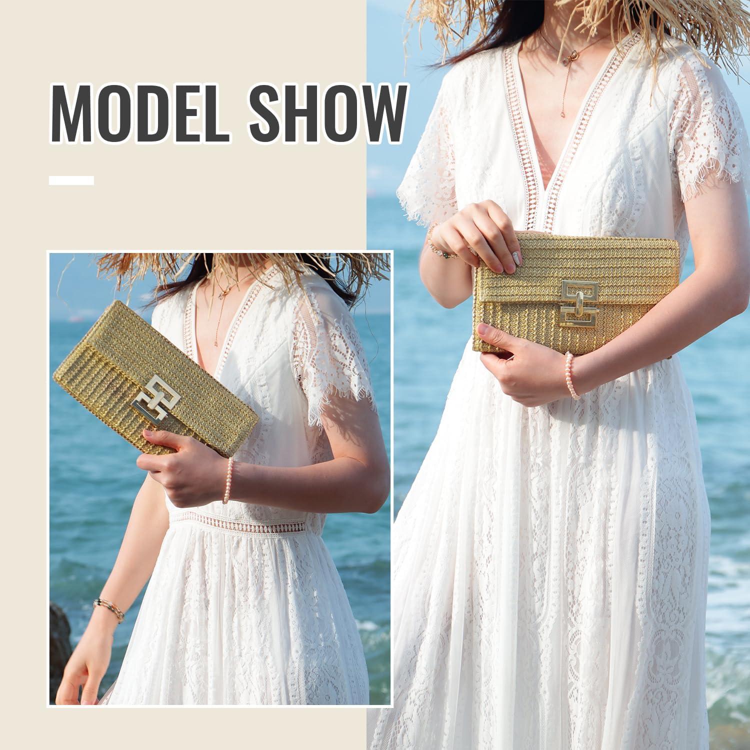 Bolso de mano de paja natural Freie Liebe 25.9x15cm Caqui