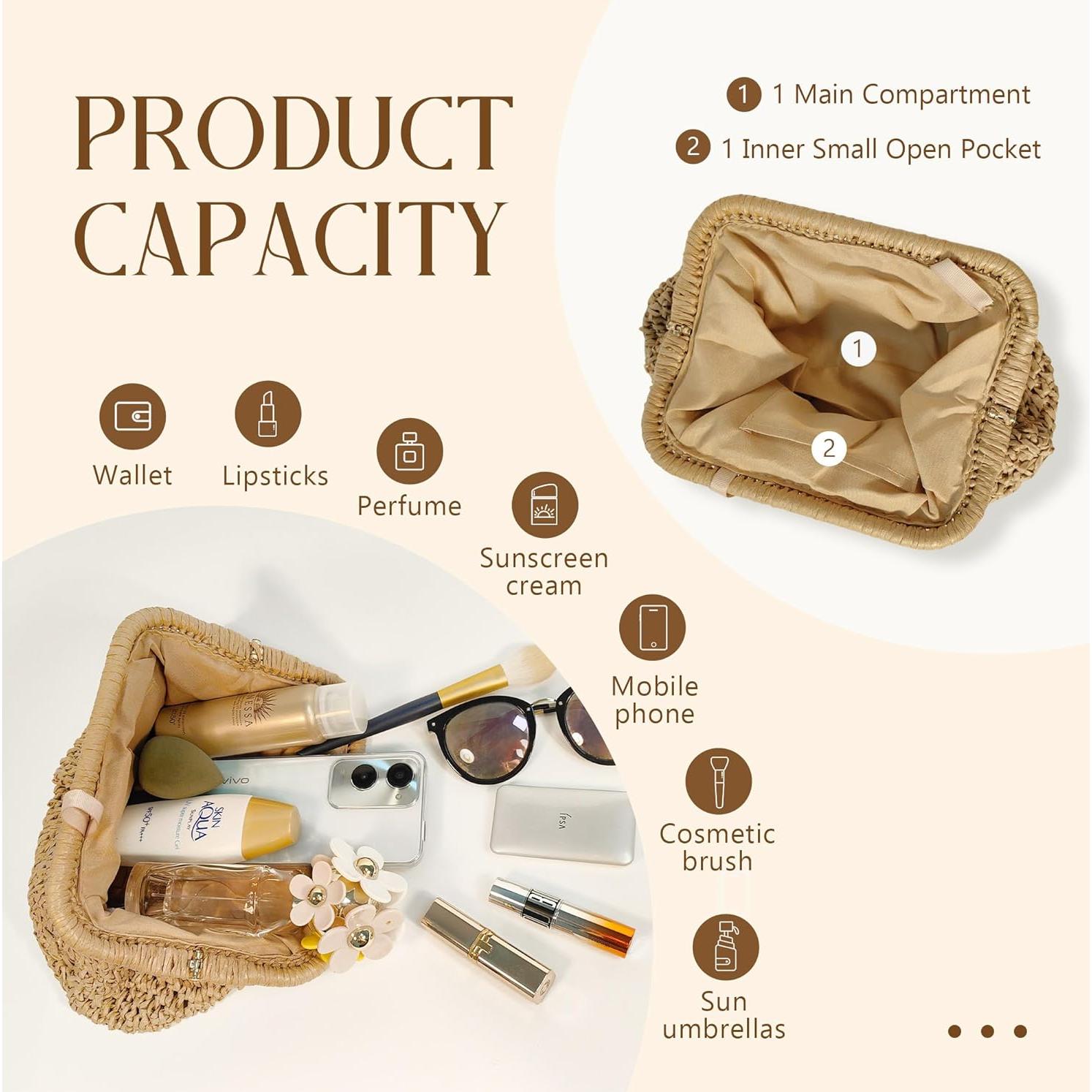 Bolso de mano de paja FUKEFUKEUS caqui 26x20x6 cm verano