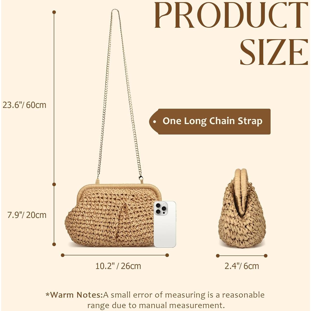 Bolso de mano de paja FUKEFUKEUS caqui 26x20x6 cm verano