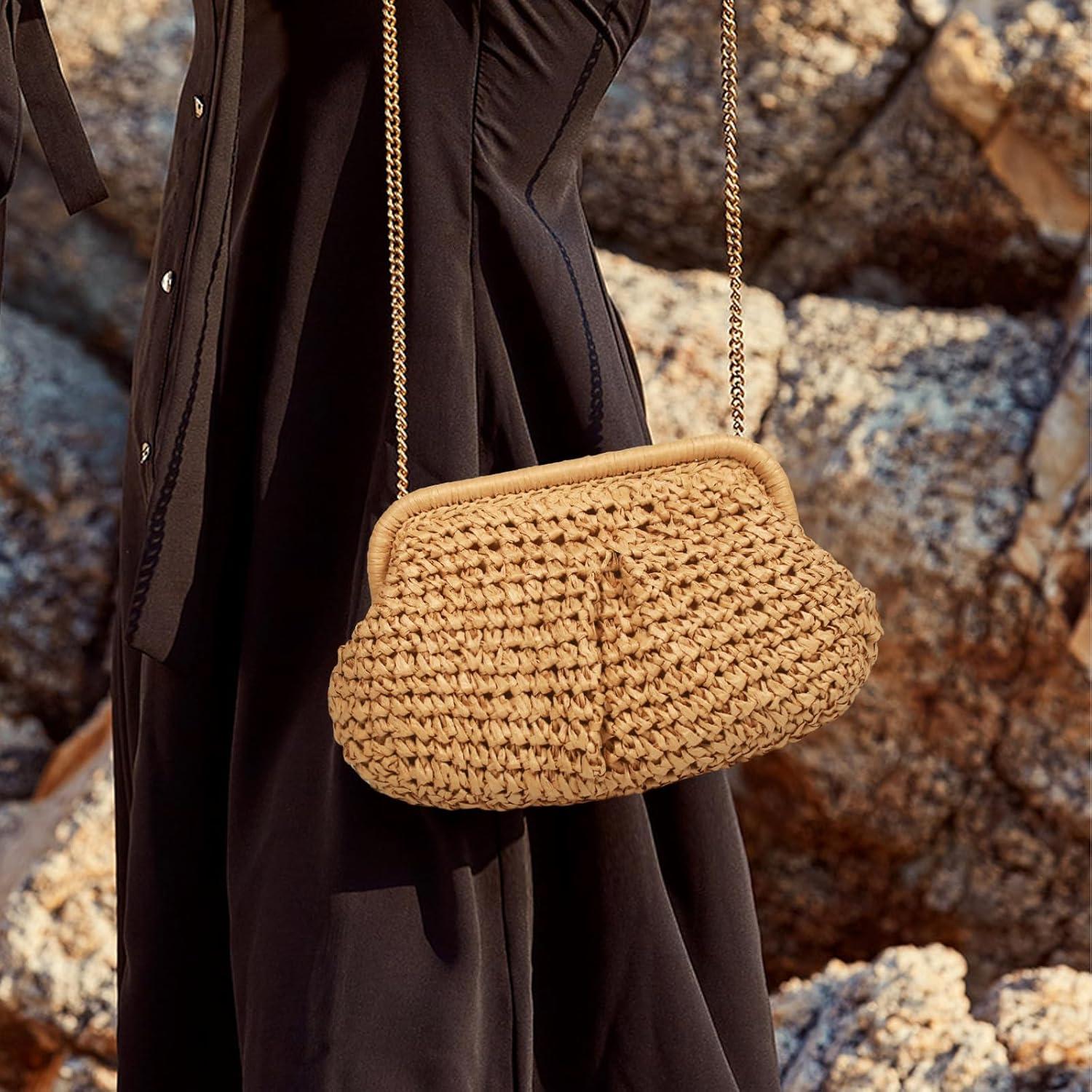 Bolso de mano de paja FUKEFUKEUS caqui 26x20x6 cm verano