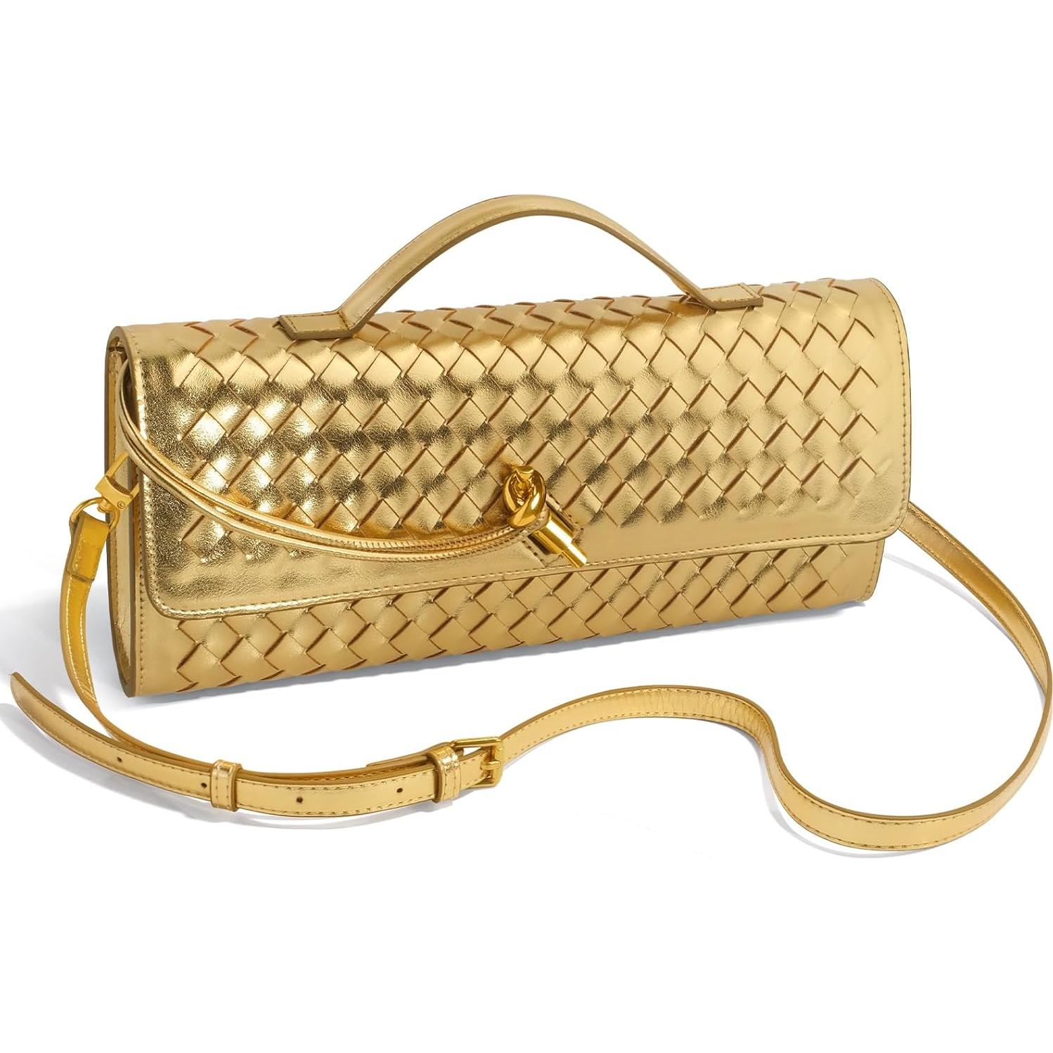 Bolso de Mano Tejido para Mujeres - Cuero PU Dorado 30x5x12cm
