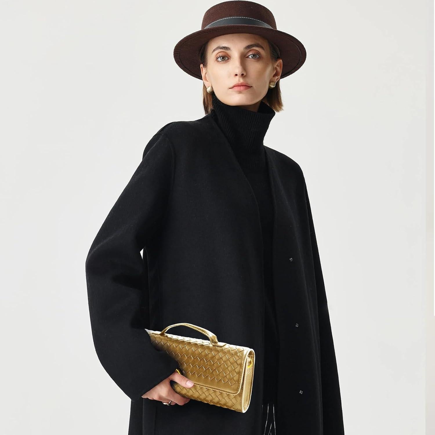 Bolso de Mano Tejido para Mujeres - Cuero PU Dorado 30x5x12cm