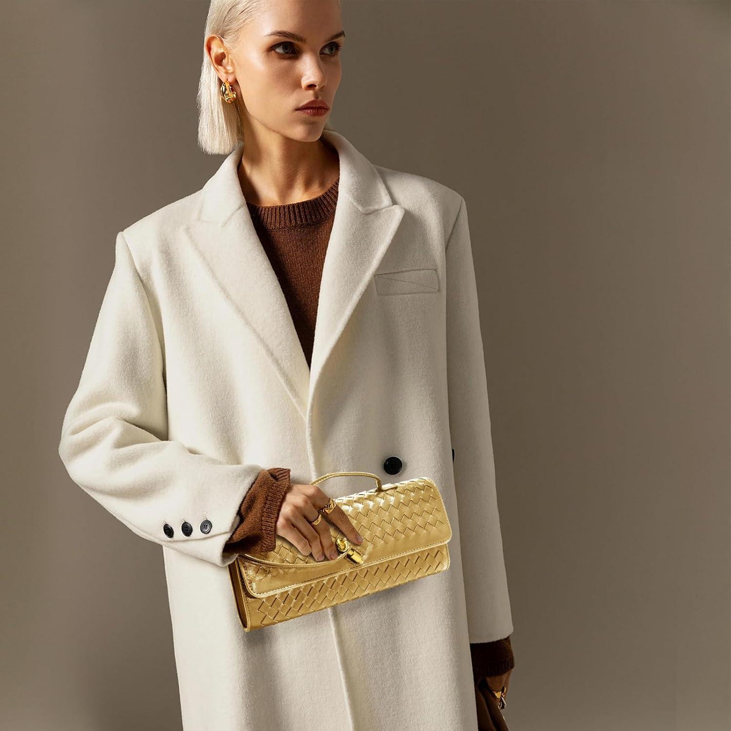 Bolso de Mano Tejido para Mujeres - Cuero PU Dorado 30x5x12cm