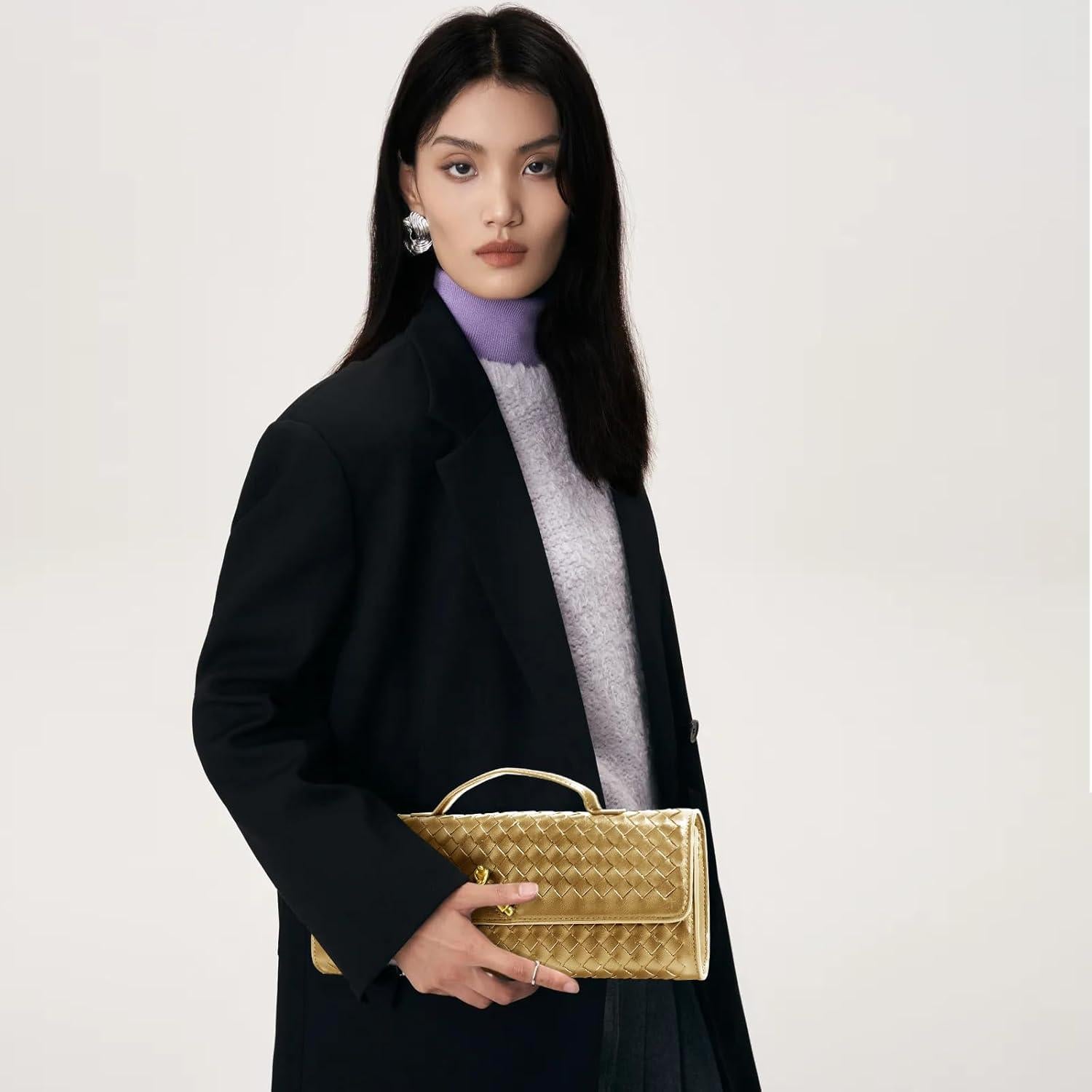 Bolso de Mano Tejido para Mujeres - Cuero PU Dorado 30x5x12cm