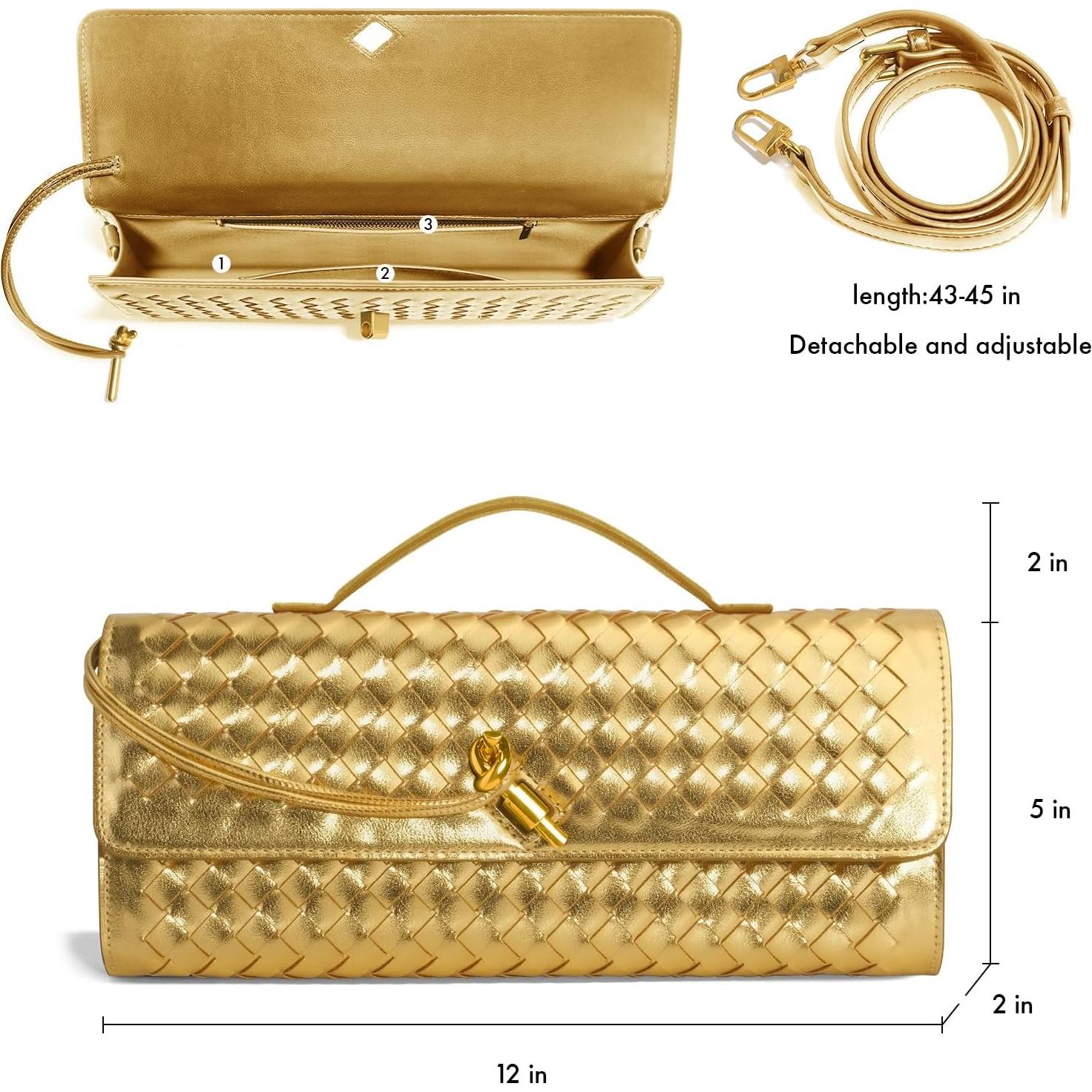 Bolso de Mano Tejido para Mujeres - Cuero PU Dorado 30x5x12cm