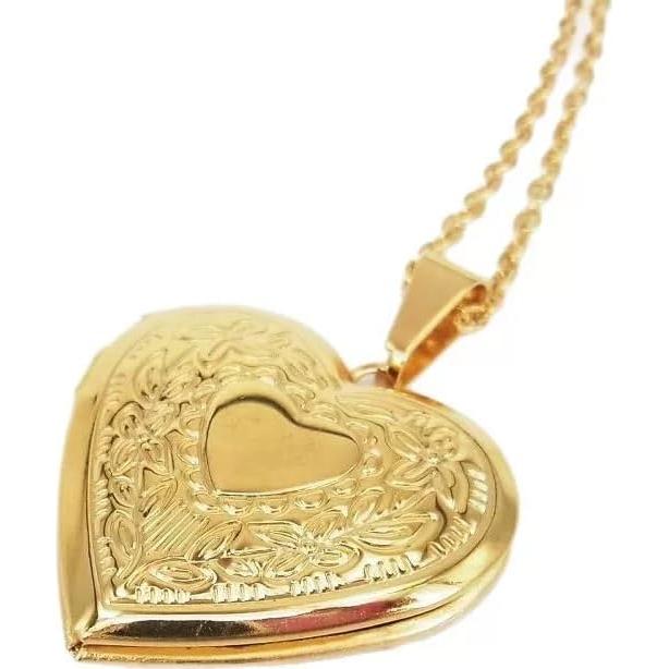 Collar Colgante Vintage con Foto Corazón Grabado Flores
