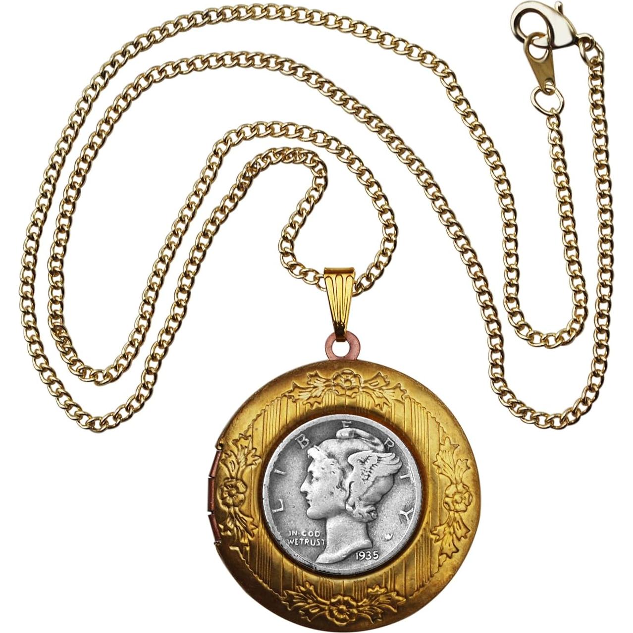 Collar medallón con moneda Mercury 10 centavos 1935 plata 90%